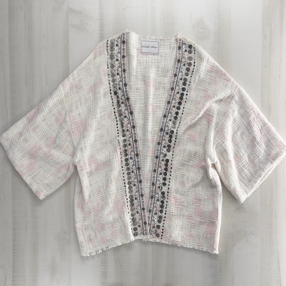 BEAUTIFUL STORIES x Anthropologie Livia textured beaded kimono cardigan OS pink - Picture 3 of 9